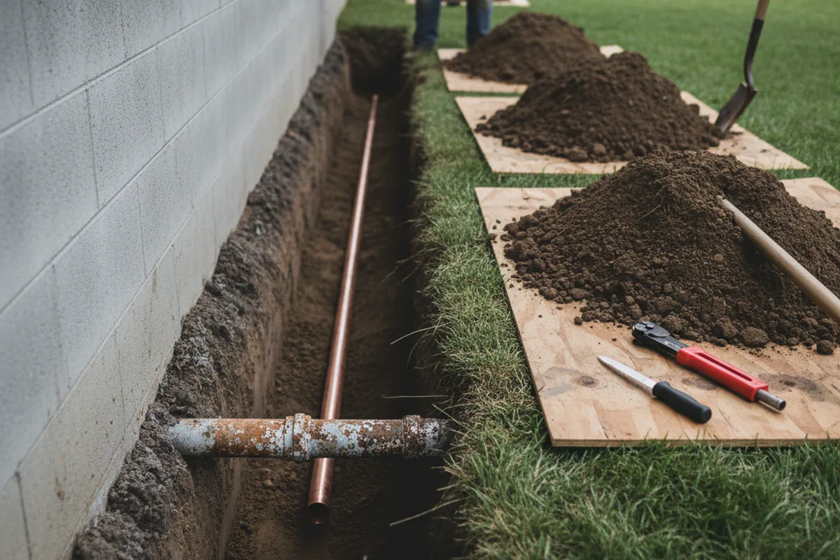 Excavated water line trench during Sewer Line Repair in Hahnville